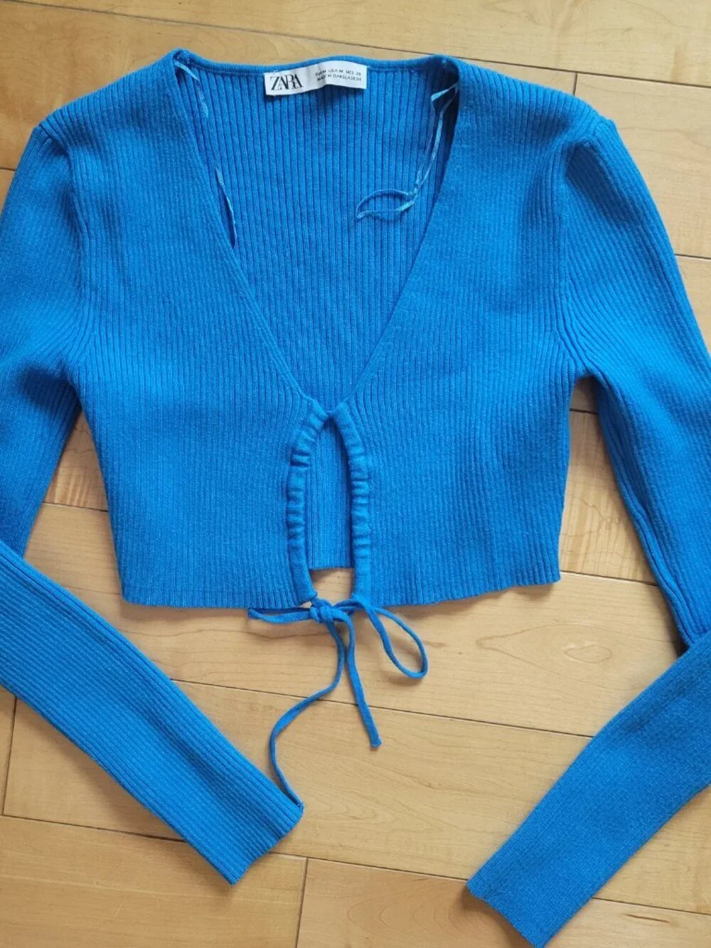 ZARA Blue Ribbed Knit Tie Front Crop Cardigan Top Size M